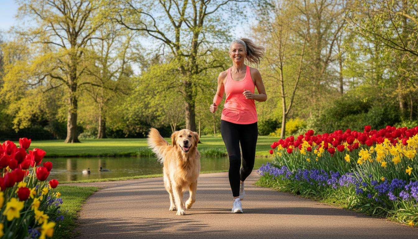 Fit woman walking confidently with her dog in a vibrant spring park