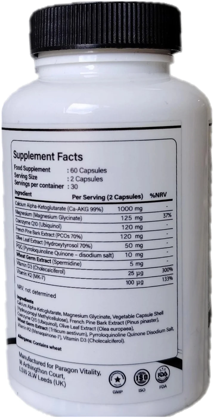 Ca-AKG+ supplement facts label